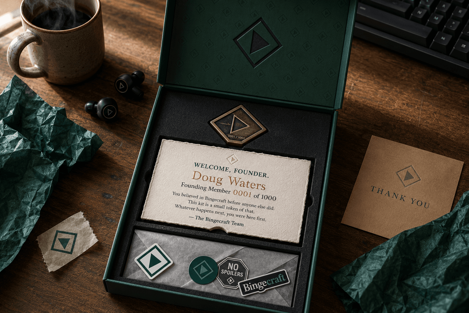 Founder kit — open green presentation box with the Bingecraft diamond token, a numbered letterpress welcome card, a vinyl sticker pack, and a thank-you note